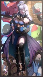  1girl absurdres ahoge armor black_gauntlets blue_dress blue_eyes breasts clawed_gauntlets commentary dress fangs gauntlets general_geega grey_hair heterochromia highres leg_armor leotard long_hair looking_at_viewer open_mouth pointy_ears red_eyes see-through_cleavage see-through_clothes see-through_leotard shoulder_armor single_bare_shoulder single_gauntlet smile thighs user_dsyn2383 virtual_youtuber vshojo 