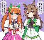  2girls :o ;) alternate_hairstyle animal_ears bangs black_bow black_gloves blunt_bangs blush bow breasts brown_eyes brown_hair center_frills closed_mouth commentary_request cosplay costume_switch flying_sweatdrops frills gloves green_eyes hair_between_eyes hair_bow hairband hairstyle_switch heart highres horse_ears layered_sleeves long_sleeves multiple_girls one_eye_closed orange_hair parted_lips pink_bow pink_skirt pleated_skirt polka_dot polka_dot_background puffy_short_sleeves puffy_sleeves purple_background purple_bow shirt short_over_long_sleeves short_sleeves silence_suzuka_(umamusume) silence_suzuka_(umamusume)_(cosplay) skirt small_breasts smart_falcon_(umamusume) smart_falcon_(umamusume)_(cosplay) smile takiki translation_request twintails two-tone_background umamusume white_background white_hairband white_shirt white_skirt 