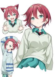  1girl amate_yuzuriha animal_ears aqua_eyes aqua_shirt aqua_skirt blush breasts cat_ears cat_girl closed_mouth collared_shirt commentary_request gundam gundam_gquuuuuux highres keito4f long_sleeves looking_at_viewer necktie open_mouth pajamas paw_pose red_hair school_uniform shirt short_hair short_side_ponytail side_ponytail simple_background skirt smile sweater upper_body white_background 