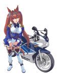 1girl :d animal_ears boots breasts brown_hair daiwa_scarlet_(umamusume) epaulettes fang ground_vehicle hair_intakes hal-py highres horse_ears horse_girl horse_tail large_breasts long_hair long_sleeves looking_at_viewer motor_vehicle motorcycle red_eyes simple_background smile solo suzuki_(company) tail thigh-highs thigh_boots tiara twintails umamusume very_long_hair white_background white_legwear 