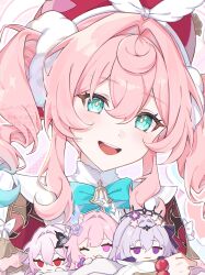  4girls aqua_eyes aqua_hair aqua_ribbon beret castorice_(honkai:_star_rail) chibi closed_mouth cyrene_(honkai:_star_rail) dress drill_hair evernight_(honkai:_star_rail) hair_between_eyes hair_intakes hat highres honkai:_star_rail honkai_(series) hyacine_(honkai:_star_rail) long_hair looking_at_viewer march_7th_(honkai:_star_rail) multicolored_hair multiple_girls neck_ribbon nya_inuha open_mouth pink_hair purple_hair red_dress red_eyes red_hat ribbon smile teeth tongue twin_drills two-tone_hair upper_body upper_teeth_only violet_eyes watermark white_sleeves yellow_pupils 