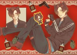 1boy :d alcohol beard_stubble black_hair black_jacket bottle cat_boy claw_pose clenched_hand explosive facial_hair from_side full_body grenade grin gun handgun highres jacket knees_together_feet_apart leon_s._kennedy looking_at_viewer male_focus multiple_views requieluc resident_evil resident_evil:_vendetta short_hair smile striped_clothes striped_jacket stubble weapon 