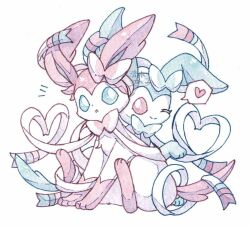  :> alternate_color animal_focus blue_eyes blue_fur bow bright_pupils full_body heart highres looking_at_another looking_at_viewer no_humans one_eye_closed pink_eyes pink_fur pokemon pokemon_(creature) pokemon_focus ribbon shimizuremi1122 shiny_and_normal shiny_pokemon simple_background sitting spoken_heart sylveon two-tone_fur white_background white_fur white_pupils 