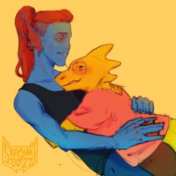  1:1 2022 2d 2girls alphys animal_nose anthro artist_logo artist_name black_eyepatch black_tank_top blue_pants blue_skin brown_pants buck_teeth colored_sclera colored_skin colored_teeth commentary digital_media dinosaur dinosaur_girl duo ear_fins english_commentary eyepatch female female_only fins fish fish_girl glasses head_fins height_difference high_ponytail highres hug lizard lizard_girl lizard_tail long_hair lying lying_on_person monster monster_girl multiple_girls pants pink_shirt ponytail red_hair reptile reptile_girl reptile_tail scalie sharp_teeth short_sleeves simple_background skogvakt slit_pupils t-shirt tank_top teeth undertale undyne utdr_(toby_fox) yellow_background yellow_sclera yellow_skin yellow_teeth yuri 
