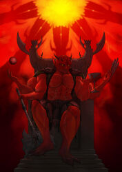  1boy abs absurdres alfiebramley arm_tattoo armor axe bald barefoot battle_axe black_loincloth black_skirt chainmail chalice chest_tattoo claw_(weapon) colored_skin commentary commission cup demon demon_boy earrings english_commentary extra_arms full_body giant glowing glowing_eyes gradient_sky hell highres holding holding_axe holding_cup horns jewelry leg_tattoo male_focus mehrunes_dagon muscular muscular_male on_throne orange_sky pointy_ears red_skin red_sky shoulder_armor skirt sky stairs stomach_tattoo tattoo the_elder_scrolls the_elder_scrolls_iv:_oblivion throne topless_male tower weapon yellow_eyes yellow_sky 