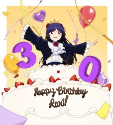  ascot balloon birthday_cake black_hair black_jacket cake collar confetti engage_princess flower flower_hairband food frilled_sleeves frills fruit gokou_ruri gold_tiara gold_trim happy_birthday heart_balloon highres hime_cut jacket long_hair mole mole_under_eye open_mouth ore_no_imouto_ga_konna_ni_kawaii_wake_ga_nai outstretched_arms red_eyes red_flower red_rose rose shirt smile spread_arms strawberry streamers umisaki white_ascot white_collar white_shirt yellow_background 