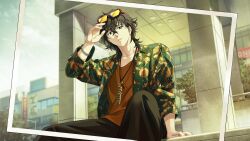  1boy adjusting_eyewear black_hair black_pants bracelet brown_shirt building eyewear_on_head game_cg green_eyes highres jacket jewelry male_focus necklace non-web_source official_art open_clothes pants photo_(object) shirt sitting solo sunglasses tinted_eyewear togame_jou tree wind_breaker_(nii_satoru) yellow-tinted_eyewear 