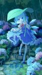  1girl :o absurdres blue_bow blue_dress blue_eyes blue_flower blue_footwear blue_hair bow chinese_commentary cirno collared_shirt commentary_request dress flower frilled_dress frills full_body hair_bow highres holding holding_leaf hydrangea ice ice_wings jiege leaf leaf_umbrella looking_at_viewer mary_janes medium_hair neck_ribbon open_mouth pink_flower puffy_short_sleeves puffy_sleeves rain red_ribbon ribbon ripples shirt shoes short_sleeves solo stairs teeth touhou upper_teeth water water_drop white_shirt white_socks wings 