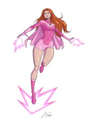  1girl artist_name atom atom_eve bare_legs boots breasts cape commentary dynamic_pose energy english_commentary eyelashes floating floating_hair full_body gloves glowing green_eyes highres invincible_(series) jordan_rodriguez knee_up long_hair long_legs long_sleeves narrow_waist open_hands orange_hair outstretched_arms parted_lips pink_boots pink_cape pink_gloves pink_lips pink_unitard short_cape signature simple_background small_breasts spread_arms unitard venus_symbol western_comics_(style) white_background 