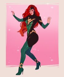  1girl absurdres black_bodysuit bodysuit boots border breasts commentary dark_phoenix dynamic_pose english_commentary fingernails full_body gold_trim green_boots green_eyes high_heel_boots high_heels highres jean_grey jewelry kattnippxo long_eyelashes long_fingernails long_hair looking_at_viewer marvel medium_breasts multicolored_bodysuit multiple_rings narrow_waist outstretched_arms pink_background pink_lips red_hair ring sparkle sparkling_clothes spread_arms superhero_costume thigh_boots very_long_hair x-men 
