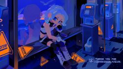  1girl black_gloves black_shorts black_thighhighs blue_eyes blue_hair boots cobii_illu commentary commission crop_top fingerless_gloves gloves highres indoors jewelry looking_at_viewer medium_hair necklace octoling octoling_girl octoling_player_character payphone phone reflection shorts solo splatoon_(series) tentacle_hair thank_you thigh-highs untranslatable_commentary white_boots window 