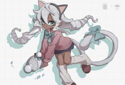  1girl animal_ear_hairband animal_ears black_skirt bow bowtie cat_ear_hairband cat_ears cat_tail chu_u0spl dark-skinned_female dark_skin drill_hair eyelashes fake_animal_ears fang fang_out floating_hair green_bow green_bowtie green_eyes hair_between_eyes hairband highres holding holding_weapon leg_warmers long_hair looking_at_viewer luna_blaster_(splatoon) octoling octoling_girl octoling_player_character pink_sweater pleated_skirt skirt solo splatoon_(series) sweater tail tentacle_hair twin_drills weapon white_background white_leg_warmers 