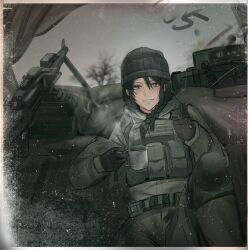 1girl long_hair machine_gun military military_uniform mug original photo photo_(object) pk_machine_gun smile thumbs_up