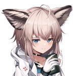 1girl ahoge animal_ear_fluff animal_ears arknights black_choker blue_eyes choker fox_ears gloves highres infection_monitor_(arknights) jacket light_brown_hair oripathy_lesion_(arknights) penguin4 short_hair simple_background smile solo sussurro_(arknights) upper_body white_gloves white_jacket 