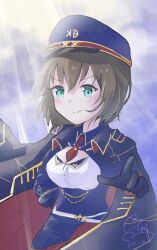  02_mimi 1girl aoi_erika aoi_erika_(battle_cry_of_the_soul) black_gloves black_hair black_hat black_jacket blue_eyes blue_shirt brown_hair commentary_request gloves hat heaven_burns_red highres jacket looking_to_the_side necktie pointing pointing_at_viewer red_necktie sailor_hat shirt short_hair short_necktie 