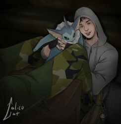  animal bag black_gloves black_hair camouflage camouflage_pants crossover cry_of_fear eggnogwaffle fingerless_gloves from_below gloves grey_hoodie grin head_tilt highres holding holding_animal hood hood_up hoodie pants parted_lips pokemon pokemon_(creature) short_hair shoulder_bag simon_henriksson sitting smile teeth upper_teeth_only vaporeon 