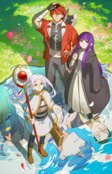  2girls 4boys axe beard belt belt_buckle black_belt black_gloves black_pants blue_eyes blue_hair boots brown_boots buckle cape closed_eyes closed_mouth commentary dress dwarf earrings eisen_(sousou_no_frieren) elf facial_hair fake_horns falling_petals fern_(sousou_no_frieren) fingerless_gloves frieren full_beard glasses gloves green_eyes green_hair heiter helmet highres himmel_(sousou_no_frieren) holding holding_staff horned_helmet horns jacket jewelry long_hair mage_staff multiple_boys multiple_girls open_mouth outdoors pants petals pink_petals pointy_ears priest purple_hair red_eyes red_hair red_jacket reflection reflective_liquid short_hair smile sousou_no_frieren staff stark_(sousou_no_frieren) teardrop_earrings tooaya twintails violet_eyes water weapon white_cape white_dress white_hair 