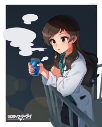  1girl absurdres black_pants border brown_eyes brown_hair can canned_coffee coat collared_shirt commentary_request doctor drink_can green_shirt highres holding holding_can idolmaster idolmaster_million_live! idolmaster_million_live!_theater_days kim_da-yoon kitazawa_shiho lab_coat long_hair long_sleeves official_alternate_costume outside_border pants pinstripe_pattern pinstripe_shirt railing shirt solo standing white_border white_coat 