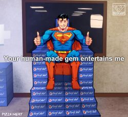  1boy absurdres artist_name blue_bodysuit bodysuit boots cape cowl dc_comics double_thumbs_up full_body highres muscular muscular_male parody pizza990 red_boots red_cape sitting smile solo superhero_costume superman superman_(series) superman_logo thumbs_up 