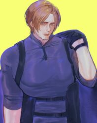  1boy aegyo_sal black_gloves blonde_hair blue_eyes chest_holster commentary gloves highres holding holding_jacket holding_unworn_clothes jacket jacket_over_shoulder leon_s._kennedy looking_to_the_side muscular muscular_male parted_lips requieluc resident_evil resident_evil_requiem short_hair unworn_jacket 