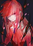  1boy black_background elf elsword hair_over_one_eye kurayuki0404 long_hair long_sleeves looking_to_the_side male_focus one_eye_covered otoko_no_ko parted_lips pink_eyes pointy_ears redhead rosso_(elsword) solo 