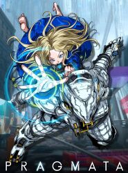  1boy 1girl aqua_eyes barefoot blonde_hair blue_coat coat commentary_request copyright_name diana_(pragmata) drop_shadow floating full_body game_screenshot_background gun helmet highres holding holding_gun holding_weapon hugh_williams legs_apart long_hair long_sleeves looking_at_viewer mouth_hold open_hand outstretched_arm padded_coat pragmata screenshot_background space_helmet spacesuit vanhouten weapon 