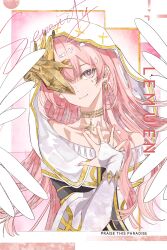  1girl absurdres ambience_synesthesia arknights bare_shoulders bridal_gauntlets character_name chinese_commentary closed_mouth commentary_request disembodied_hand earrings feathered_wings gold_collar gold_trim hand_on_own_chest hand_up highres jewelry lemuen_(arknights) lemuen_(requiem_vesperis)_(arknights) long_hair looking_at_viewer mark_under_eye official_alternate_costume one_eye_covered pink_eyes pink_hair smile solo upper_body veil white_veil wings wuyaolare 