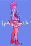  1girl ace_attorney blue_background character_name full_body geiru_toneido hands_in_pockets jacket looking_at_viewer medium_hair nekowosuu phoenix_wright:_ace_attorney_-_spirit_of_justice pink_footwear pink_hair pink_skirt shoes simple_background skirt sneakers solo track_jacket 