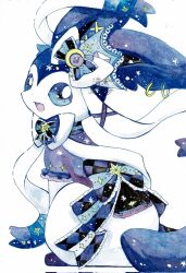  :d alternate_color alternate_shiny_pokemon animal_focus blue_bow blue_eyes blue_fur bow clothed_pokemon commentary_request fang full_body highres looking_at_viewer no_humans open_mouth pokemon pokemon_(creature) pokemon_focus purple_shirt ribbon shimizuremi1122 shirt simple_background sitting skin_fang smile solo star_(symbol) sylveon white_background white_fur 