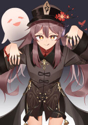  1girl :q absurdres bead_bracelet beads black_background black_hat black_nails blush bracelet brown_hair chinese_clothes coattails commentary_request flower flower-shaped_pupils genshin_impact ghost gradient_background hair_between_eyes hat hat_flower hat_tassel highres hu_tao_(genshin_impact) jewelry licking_lips long_hair long_sleeves looking_at_viewer multiple_rings plum_blossoms porkpie_hat red_eyes ring shorts simple_background smile solo symbol-shaped_pupils tailcoat tongue tongue_out toraneko21_7 twintails very_long_hair 