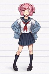  1girl :< alternate_costume angry annoyed black_sailor_collar black_shoes black_skirt black_socks blue_cardigan blush bob_cut breast_pocket cardigan collared_shirt doki_doki_literature_club dress_shirt fill_feels full_body hair_intakes hair_ornament hair_ribbon hands_on_own_hips highres kneehighs lined_paper loafers long_sleeves looking_at_viewer natsuki_(doki_doki_literature_club) neckerchief off_shoulder open_cardigan open_clothes open_mouth paper_texture pink_eyes pink_hair pleated_skirt pocket red_neckerchief red_ribbon ribbon sailor_collar school_uniform serafuku shirt shoes short_hair skirt socks solo standing striped_background swept_bangs teeth two_side_up upper_teeth_only white_background white_shirt x_hair_ornament 