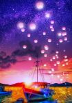  boat clouds cloudy_sky evening fantasy floating floating_object highres lantern little_pine mountainous_horizon no_humans ocean original scenery sky sparkle star_(sky) starry_sky sunset twilight water watercraft 