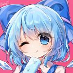  1girl bangs blue_bow blue_dress blue_eyes blue_hair blush bow cirno closed_mouth collared_shirt dress eyes_visible_through_hair food hair_between_eyes highres ice_cream looking_at_viewer one_eye_closed pink_background pudding_(skymint_028) puffy_short_sleeves puffy_sleeves shirt short_hair short_sleeves simple_background smile solo tongue tongue_out touhou upper_body white_shirt 
