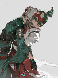  1boy 1girl akihare artist_name black_gloves brown_eyes chain chinese_commentary closed_eyes commentary_request dated ear_chain facial_mark fingerless_gloves fox_mask gloves green_hair grey_background grey_hair half_mask hand_on_another's_head highres japanese_clothes kimono kiriko_(overwatch) linked_piercing mask mizuki_(overwatch) mouth_mask overwatch parted_lips piercing red_gloves rope_belt short_hair simple_background tassel topknot twitter_username white_kimono white_mouth wide_sleeves 