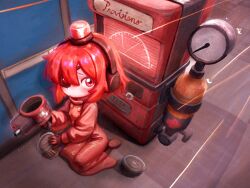  1girl artist_name closed_mouth commentary dispenser_(tf2) english_commentary eyepatch headphones highres long_sleeves looking_at_viewer nebacer personification red_eyes red_hair seiza sentry short_hair sitting solo team_fortress_2 