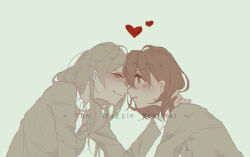  2girls absurdres blazer blonde_hair blush brown_eyes brown_hair brown_jacket closed_mouth collared_shirt commentary_request forehead-to-forehead from_side green_background hair_between_eyes hand_on_another's_neck hand_up heads_together heart highres jacket light_blush long_hair long_sleeves looking_at_another medium_hair misaka_mikoto multiple_girls school_uniform shirt shokuhou_misaki simple_background smile toaru_kagaku_no_railgun toaru_majutsu_no_index tokiwadai_school_uniform upper_body white_shirt winter_uniform youlili yuri 