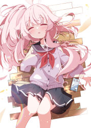  1girl absurdres after-school_sweets_club_(blue_archive) ahoge ayahosiyuki blue_archive cardigan cellphone closed_eyes commentary_request feet_out_of_frame hair_flaps highres lens_flare long_hair long_sleeves lying natsu_(blue_archive) neckerchief on_back open_mouth phone pink_hair pleated_skirt red_neckerchief sailor_collar school_uniform side_ponytail skirt sleeping smartphone solo 
