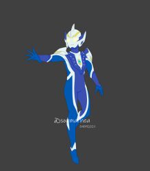  1boy alien armor artist_name blue_skin closed_mouth collarbone color_timer colored_skin commentary compound_eyes dated dorsal_fin english_commentary expressionless full_body glowing glowing_eyes hand_up leg_up looking_to_the_side male_focus midair multicolored_skin no_pupils open_hand outstretched_arm outstretched_hand pectorals pointy_ears shoulder_armor silver_skin simple_background solo soumarhea spread_fingers studs tokusatsu toned toned_male twitter_username two-tone_skin ultra_series ultraman_hikari ultraman_mebius_(series) yellow_eyes 
