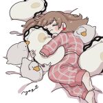  1girl :3 barefoot bird brown_hair closed_eyes closed_mouth commentary duck full_body highres java_sparrow long_hair lying object_hug on_side original oyster pajamas signature sleeping sleeves_past_wrists solo sousa820 