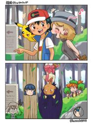  1boy 6+girls ash_ketchum camouflage commentary_request h_renah hiding highres hikari_(pokemon) iris_(pokemon) jealous lana_(pokemon) may_(pokemon) misty_(pokemon) motion_blur motion_lines multiple_girls pikachu pokemon pokemon_(anime) pokemon_black_and_white pokemon_diamond/pearl/platinum pokemon_sun_and_moon pokemon_the_series:_sun_&amp;_moon rock serena_(pokemon) smile stalking tree upside-down 