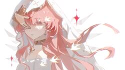  1girl ambience_synesthesia arknights bird chinese_commentary commentary_request detached_wings disembodied_hand facial_mark floating_hair gold_collar gold_trim highres jiu_yi_wu lemuen_(arknights) lemuen_(requiem_vesperis)_(arknights) long_hair looking_at_viewer mark_under_eye official_alternate_costume one_eye_covered parted_lips pink_eyes pink_hair silhouette solo star_pendant teardrop_facial_mark upper_body veil white_background white_veil wings 