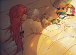  braid character_doll couple fumo_(doll) hat hat_removed headwear_removed highres hong_meiling izayoi_sakuya liangyilin on_bed puffy_short_sleeves puffy_sleeves redhead short_sleeves sleeping touhou twin_braids yuri 