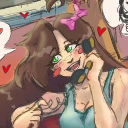 1:1 1girl 2025 2d ahoge aqua_tank_top artist_self-insert banka_nala bed bedroom blush_stickers bow breasts brown_hair bush commentary corded_phone crop_top curtains digital_media english_commentary eyelashes female female_focus flower green_eyes hair_bow head_tilt heart hetero hiding holding holding_phone human indoors interspecies legs_up long_hair lying oc_x_canon on_stomach original original_character phone photo_(object) pink_bow solo_focus spoken_character talking_on_phone tank_top tree undertale utdr_(toby_fox) window
