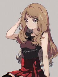  1girl bare_arms black_shirt black_thighhighs blonde_hair breasts closed_mouth collarbone grey_eyes highres long_hair mikakami1e pokemon pokemon_x_and_y red_skirt serena_(pokemon) shirt simple_background skirt solo thigh-highs vloodozer 