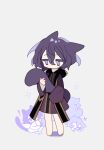  ! 1boy animal_ears barefoot blue_eyes cat_boy cat_ears cat_tail chibi chinese_commentary colored_eyelashes commentary_request full_body highres holding_own_tail hood hood_down hooded_robe kemonomimi_mode kunkun_(ikunsleep) long_sleeves male_focus no_mouth no_nose purple_hair purple_robe saibou_shinkyoku shirt short_hair sparkle stole tail utsugi_noriyuki white_shirt 