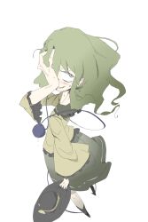  1girl arm_at_side arm_up black_hat blush collared_shirt commentary_request covering_own_eyes crying crying_with_eyes_open foreshortening from_above full_body green_hair green_skirt grin hand_on_own_face hat holding holding_unworn_clothes holding_unworn_hat kim_tosh komeiji_koishi long_sleeves looking_at_viewer looking_back medium_hair one_eye_covered perspective shirt simple_background skirt smile solo standing tears touhou unworn_hat unworn_headwear upturned_eyes white_background wide_sleeves yellow_shirt 