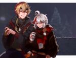 2boys bangs beanie black_jacket black_sweater blonde_hair blue_pants blurry blurry_background can canned_coffee cup depth_of_field disposable_cup genshin_impact green_eyes grey_hair hair_between_eyes hat highres holding holding_can holding_cup jacket kaedehara_kazuha long_sleeves male_focus merry_christmas multicolored_hair multiple_boys open_clothes open_jacket pants parted_lips puffy_long_sleeves puffy_sleeves red_eyes red_headwear redhead sketch smile streaked_hair sweater thoma_(genshin_impact) zxny