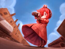  1girl artist_name blue_sky blush brown_gloves closed_mouth clouds commentary day english_commentary eyepatch gloves headphones highres long_sleeves nebacer outdoors personification red_eyes red_hair sentry short_hair sky solo team_fortress_2 