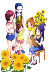  5girls :d ^_^ absurdres bag belt blue_eyes blue_hair blue_pants blue_shirt blue_shoes blue_skirt braid brown_eyes brown_hair camouflage camouflage_shorts child closed_eyes closed_mouth denim denim_skirt flower forehead frown futari_wa_precure_splash_star green_shirt hair_ornament hair_slicked_back hair_tie hairclip half_updo hands_on_own_knees happy highres holding holding_bag holding_bread holding_pencil holding_sketchbook hug hyuuga_minori hyuuga_saki kamikita_futago kiryuu_kaoru kiryuu_michiru leg_up long_hair looking_at_another looking_at_object medium_hair midriff_peek miniskirt mishou_mai multiple_girls official_art on_stool open_mouth orange_hair pants pants_rolled_up parted_lips pencil pink_belt pink_shoes pink_skirt polo_shirt ponytail precure puffy_short_sleeves puffy_sleeves purple_hair red_eyes red_hair red_shirt ribbon sandals scan shirt shoes short_hair short_ponytail short_sleeves shorts side_braid simple_background sitting sketchbook skirt sleeveless sleeveless_shirt smile standing stool striped_clothes striped_shirt sunflower thick_eyebrows third-party_source violet_eyes white_background white_ribbon white_shirt wooden_stool yellow_ribbon yellow_shirt 