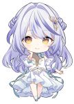  1girl arm_at_side bangs character_request chibi closed_mouth detached_sleeves dress earrings full_body hand_on_own_cheek hand_on_own_face hand_up hiyoku_no_crosspiece jewelry kiya_machi long_hair looking_at_viewer purple_hair simple_background solo virtual_youtuber white_background yellow_eyes 